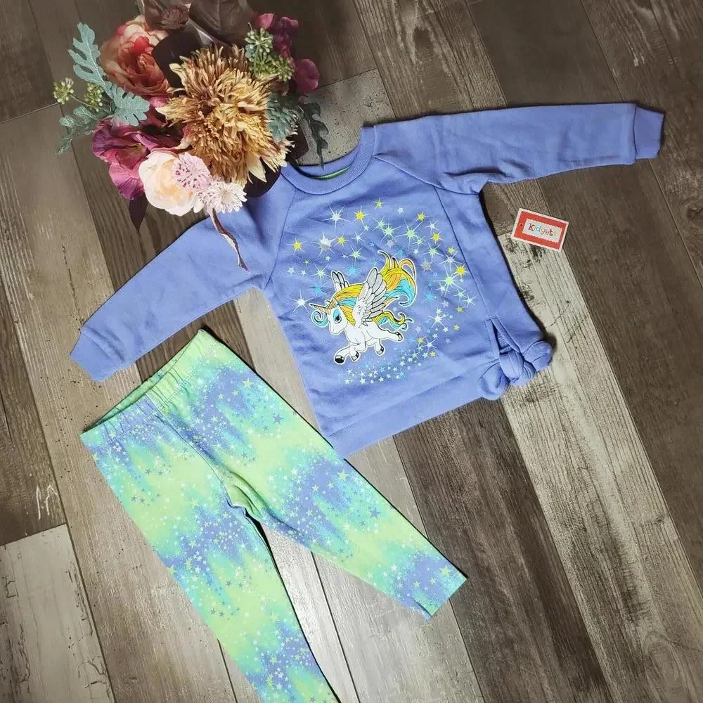 NWT Kidgets Unicorn Baby Girls Sweatshirt Tie Side & Leggings 2 Piece Set Sz 12m